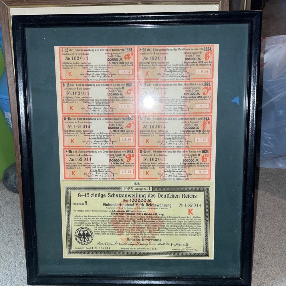 Obsolete Gollectible German 100000 Marks Bond from
1923 With Coupons in frame